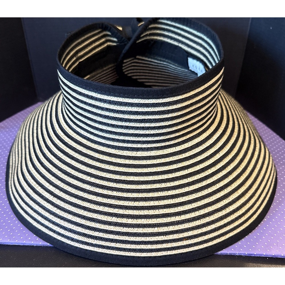 Kooringal Womens Visor Black Cream Striped Roll Up Straw Sun Hat Bow Tropical